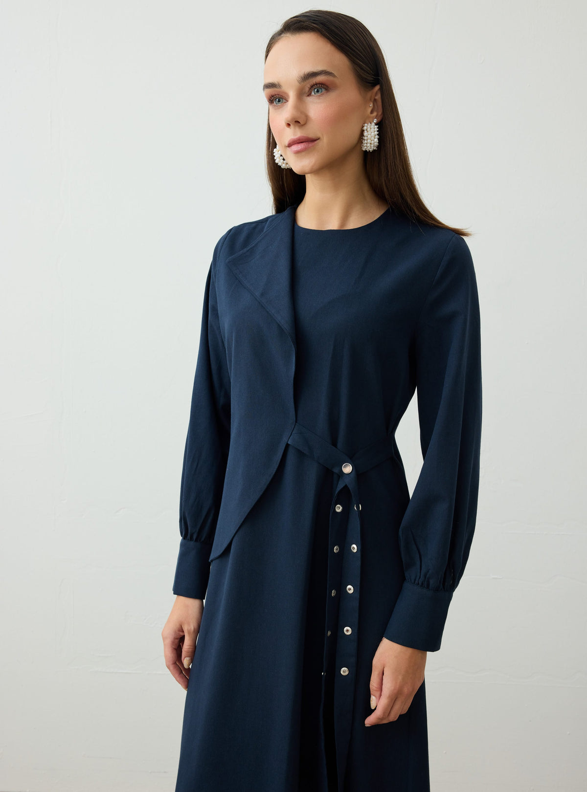 Linen Blend Asymmetric Closure Detail Modest Dress Navy