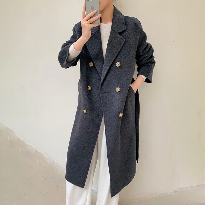 Ladies' 100% Cashmere Thick Double-Sided Extended Coat, Classic, Versatile and Fashionable for Business and Leisure