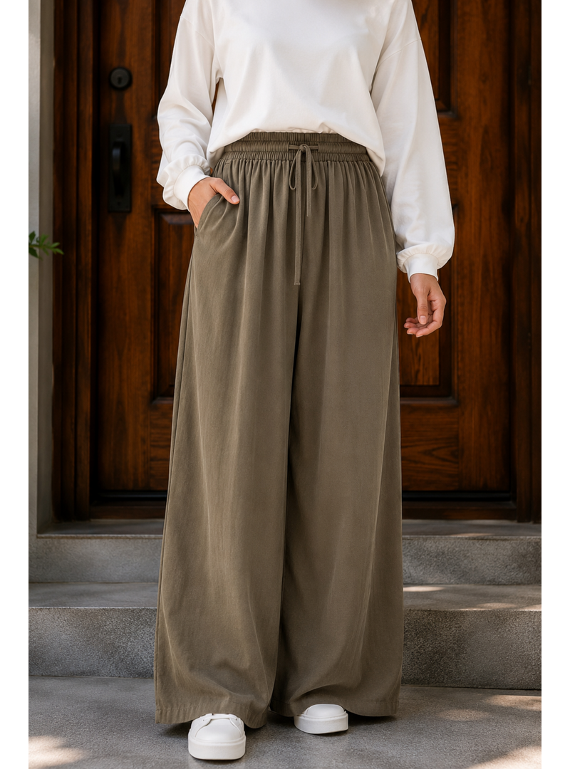 Dark Khaki Elastic Waist Drawstring Pocketed Pants