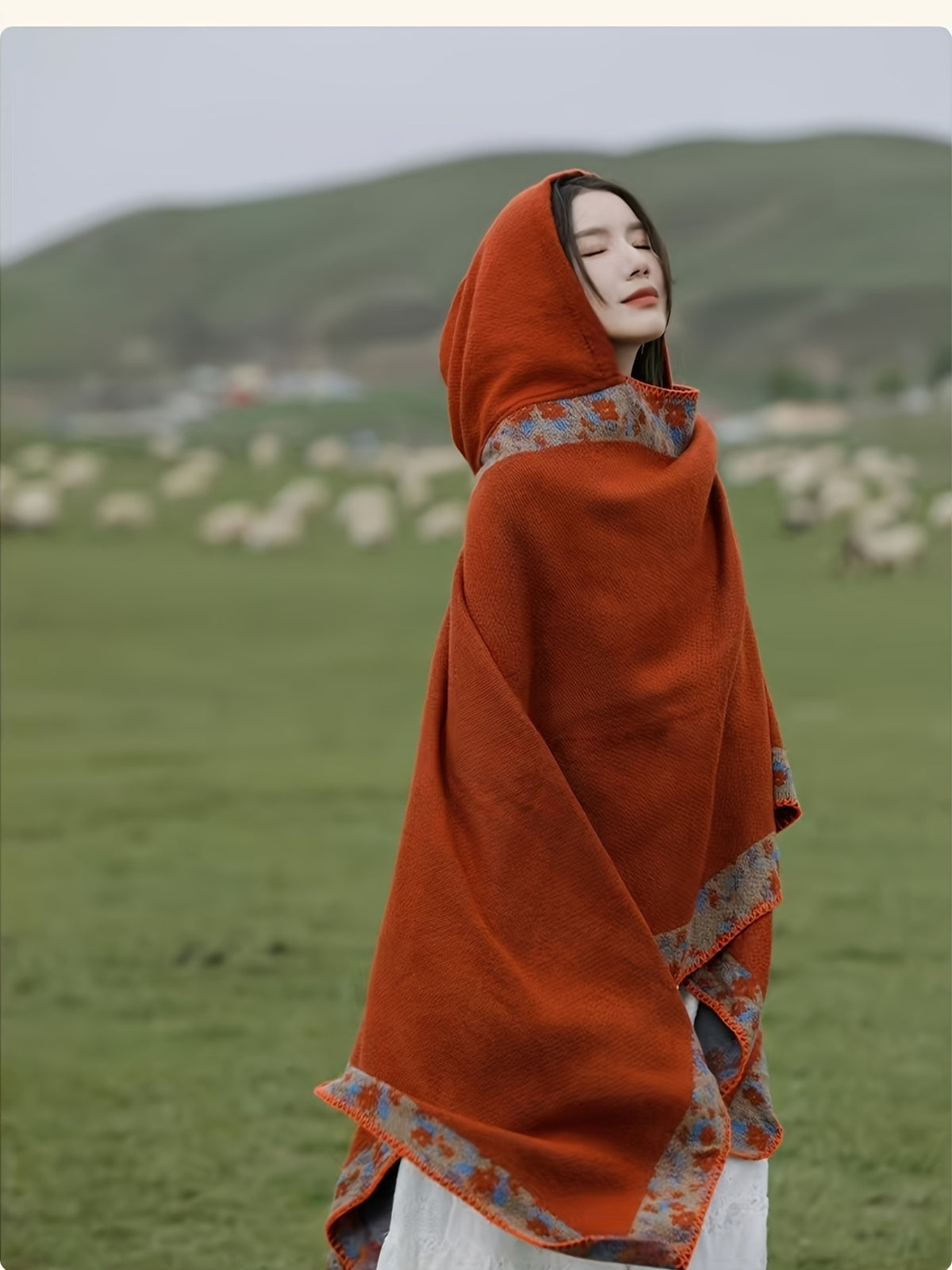 Plus Size - Women'S Elegant Floral Print Hooded Cape - Double-Sided Warm Winter Coat with Adjustable Hood, Oversized Fit for Fall/Winter Outdoor, Festive Holiday Design, Medium Stretch Fabric