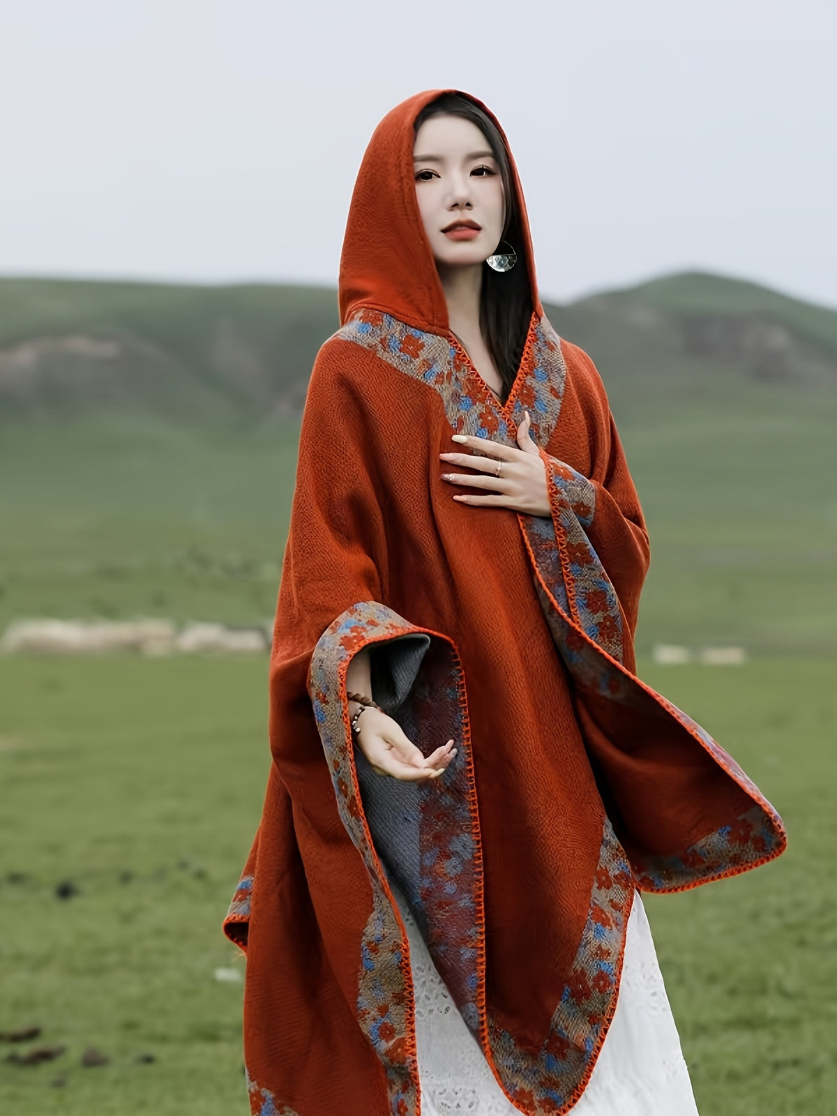 Plus Size - Women'S Elegant Floral Print Hooded Cape - Double-Sided Warm Winter Coat with Adjustable Hood, Oversized Fit for Fall/Winter Outdoor, Festive Holiday Design, Medium Stretch Fabric