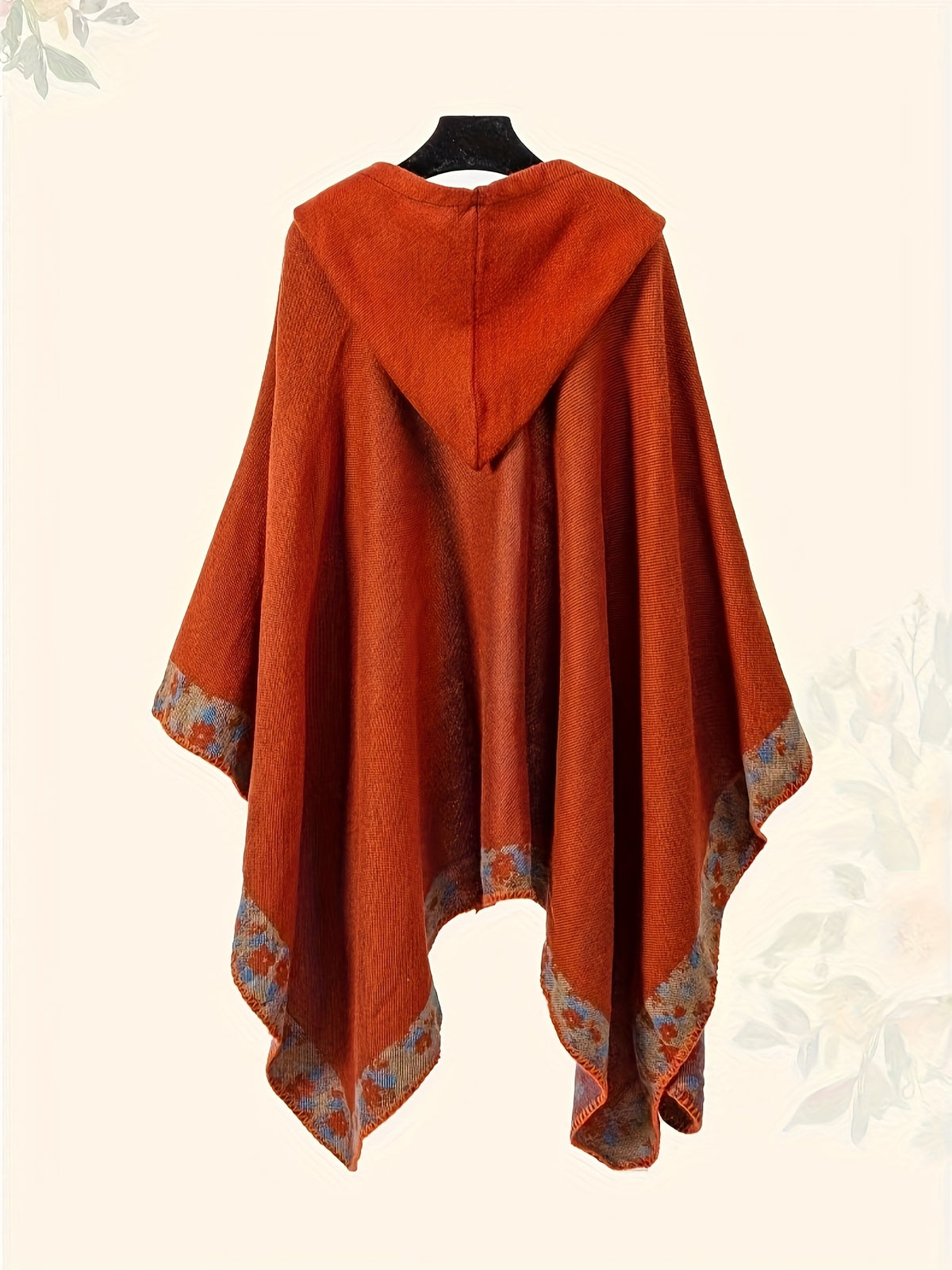 Plus Size - Women'S Elegant Floral Print Hooded Cape - Double-Sided Warm Winter Coat with Adjustable Hood, Oversized Fit for Fall/Winter Outdoor, Festive Holiday Design, Medium Stretch Fabric