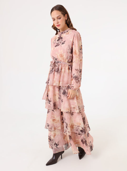 Puff Sleeve Layered Chiffon Modest Dress Powder Floral Print Refka