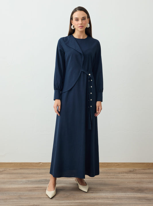 Linen Blend Asymmetric Closure Detail Modest Dress Navy