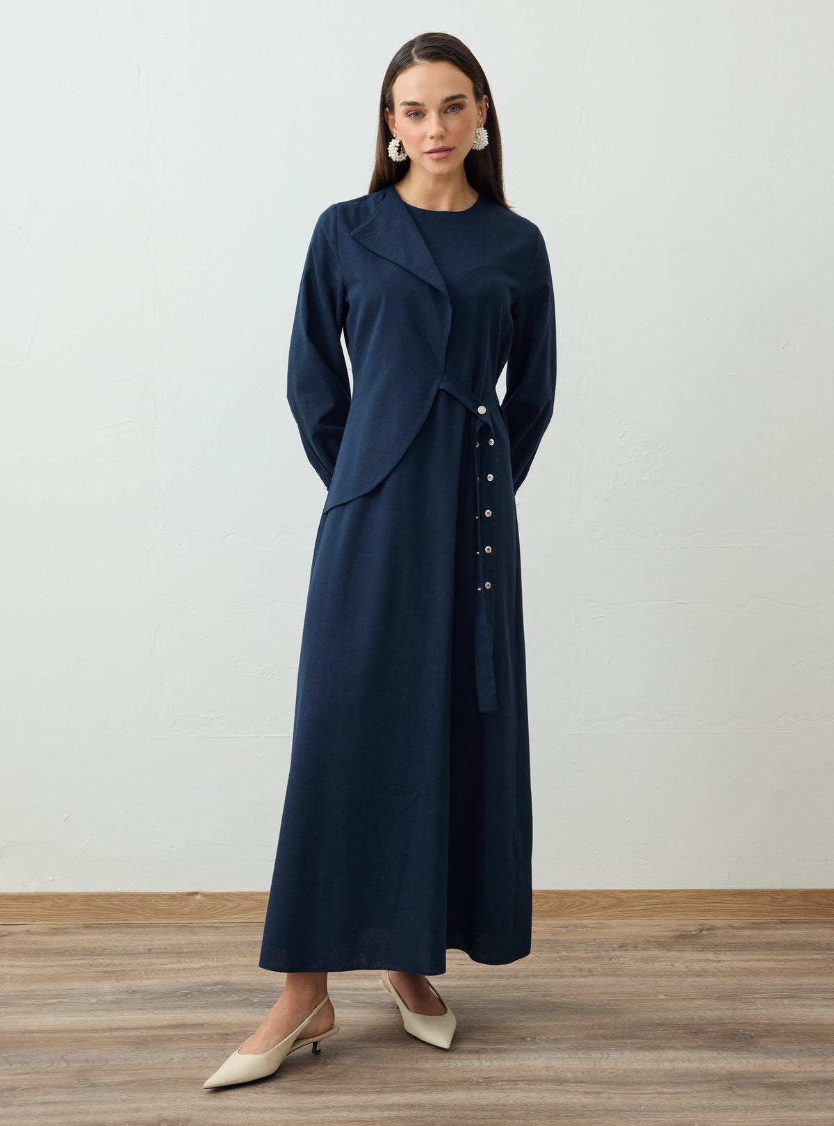 Linen Blend Asymmetric Closure Detail Modest Dress Navy