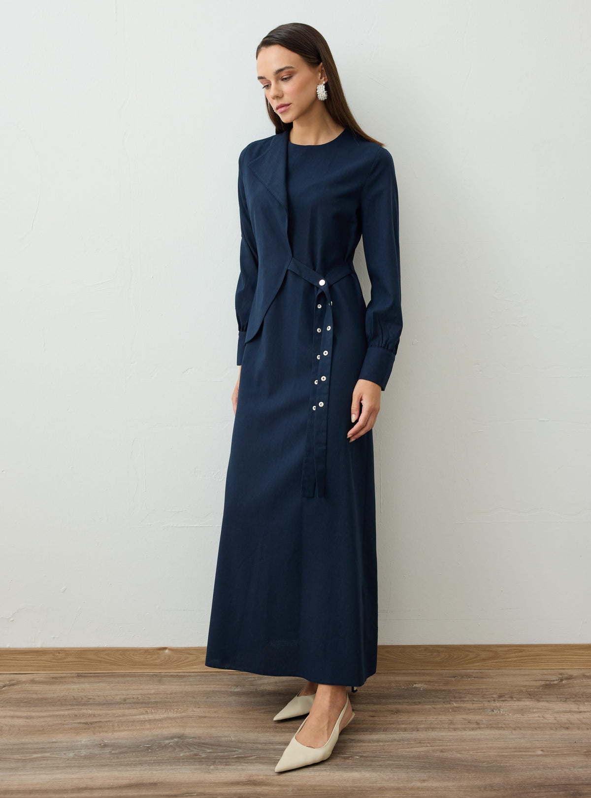 Linen Blend Asymmetric Closure Detail Modest Dress Navy
