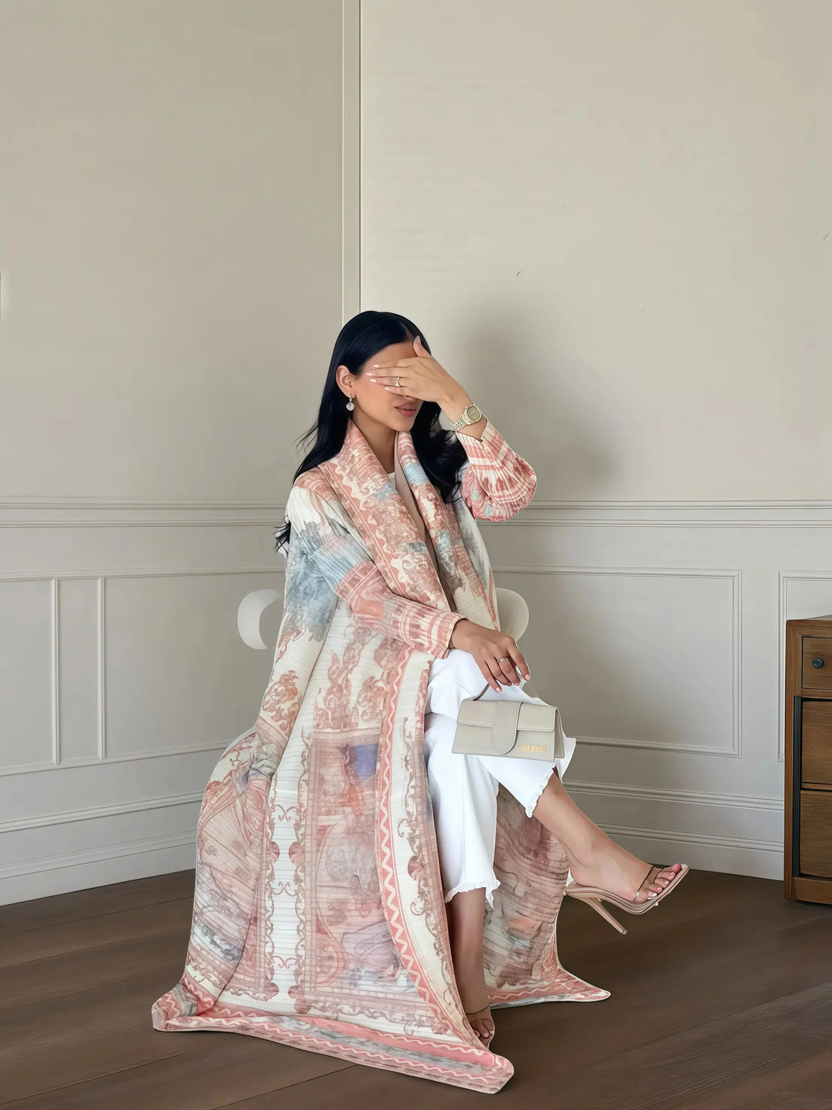 Fold Elegant Vintage Print Open Front  Miyake Abaya, Lightweight Flowy Loose Fit Women's Modest Fashion Long Kimono Cardigan