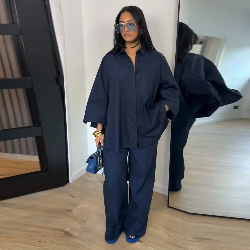High Neck Single Button Cape Coat&Wide Leg Pants Two-Piece Set Three Quarter Sleeve Oversize 2026 Minimalist Women Casual Co-ord