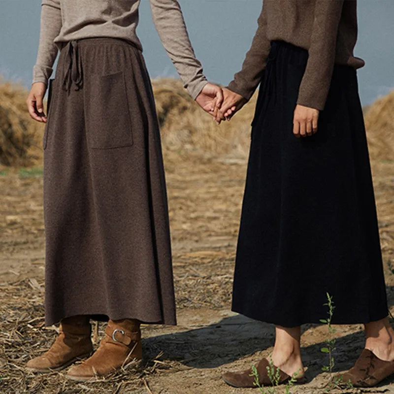 Autumn And Winter Wool Long Skirt For Girls High Waisted Solid Color Buckle Loose And Slim Fit Cashmere Knitted Skirt