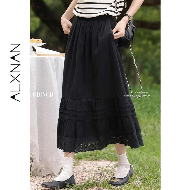 ALXNAN Plus Size Vintage Plaid Skirt Irregular Plaid Long A-line High Waist Skirts Elegant Casual Female Skirt D12727 D09272-1