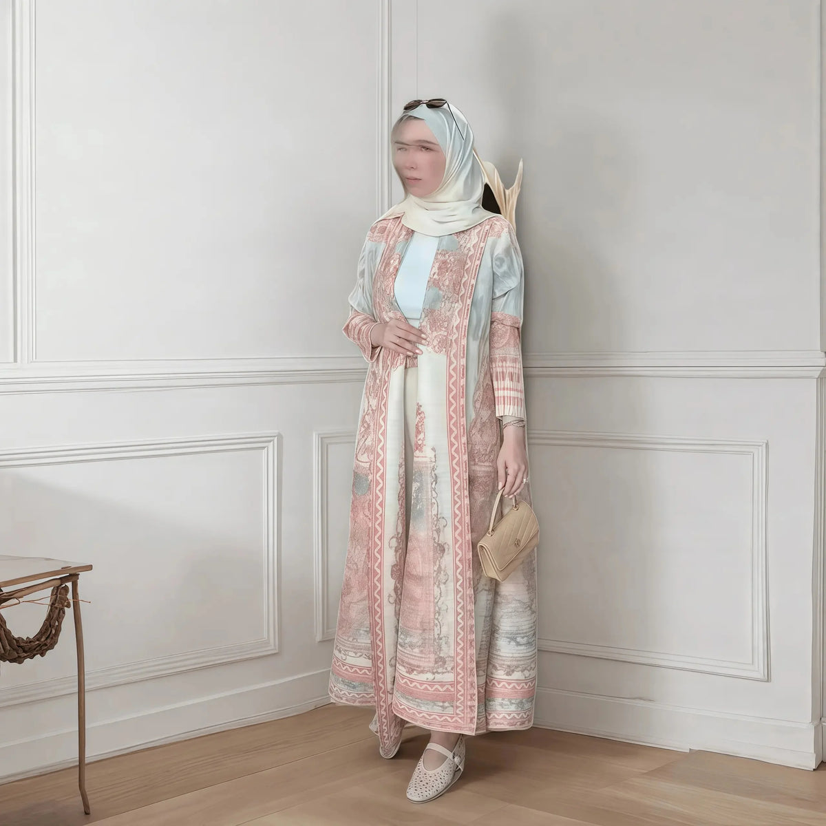 Fold Elegant Vintage Print Open Front  Miyake Abaya, Lightweight Flowy Loose Fit Women's Modest Fashion Long Kimono Cardigan