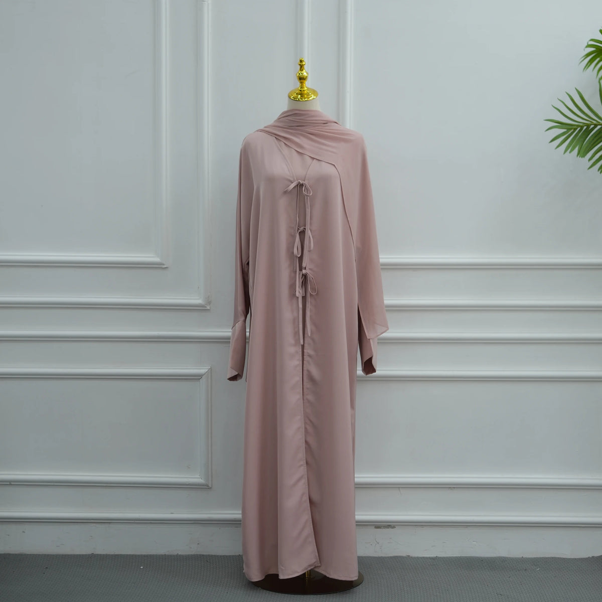Modest Muslim Women Abaya Dress Set with Chiffon Shawl Scarf Hijab, Hijabi Dubai Islamic Clothing: Sleeveless Dress+Open Abaya