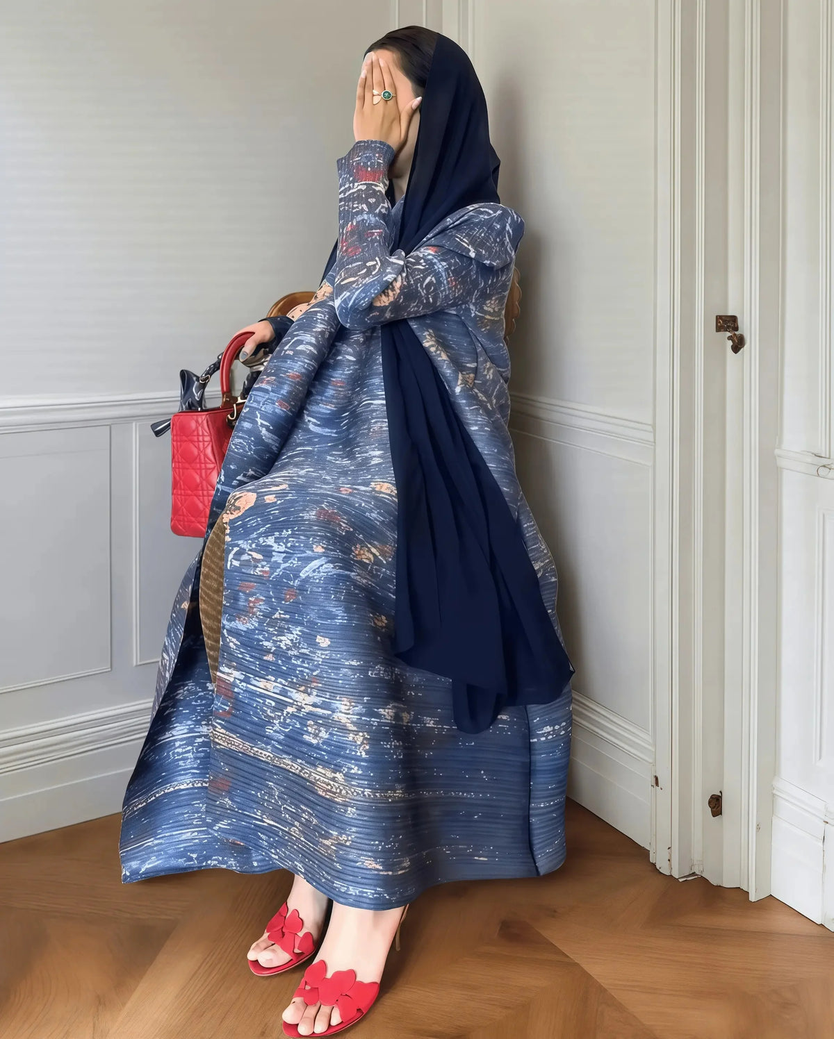 Fold Elegant Vintage Print Open Front  Miyake Abaya, Lightweight Flowy Loose Fit Women's Modest Fashion Long Kimono Cardigan
