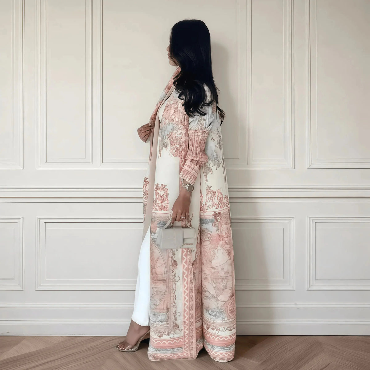 Fold Elegant Vintage Print Open Front  Miyake Abaya, Lightweight Flowy Loose Fit Women's Modest Fashion Long Kimono Cardigan