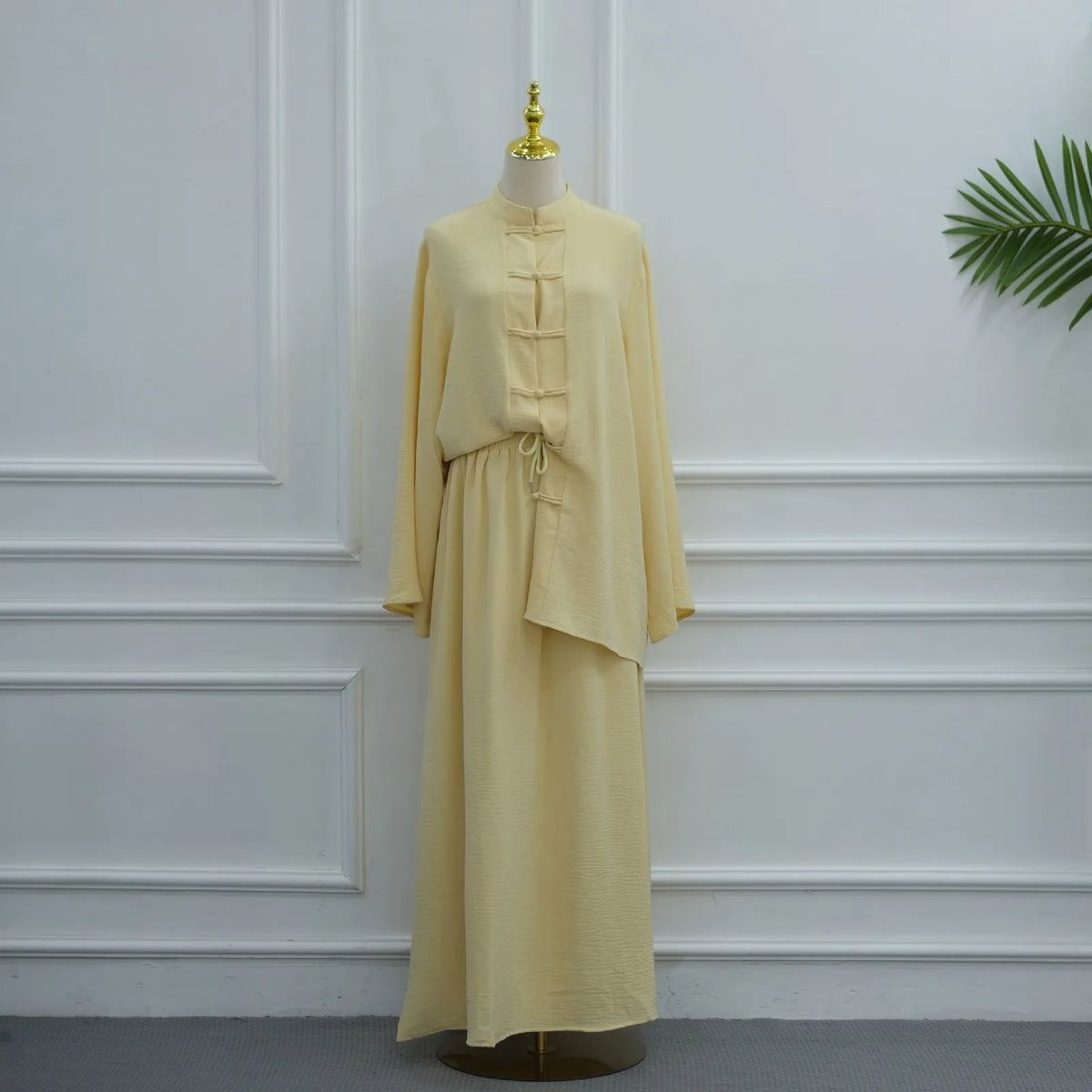 2pcs Single Breasted Top Shirt Skirts Suit Women Chinese Style Dubai Modest Abaya Full Sleeves Islam Casual Arabic Outfits