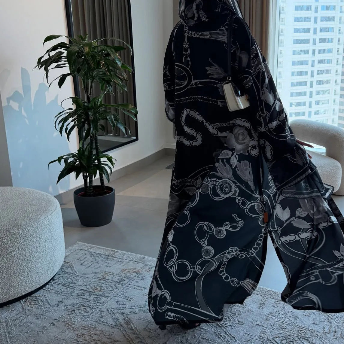 ExquisiteFloralPrint Abaya Elegant Printed TwoPiece Abaya Modest Muslim CapeCardigan Abaya Dubai Ethnic OpenFront Kaftan