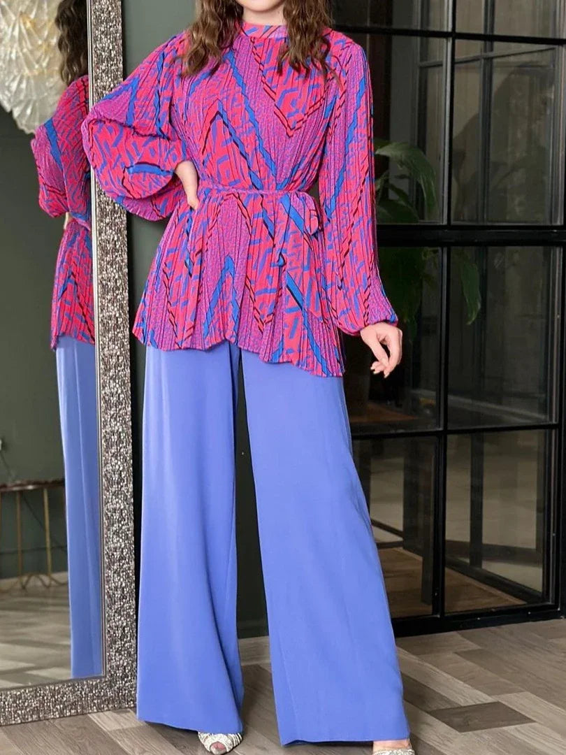Casual Dubai Eid Women Muslim Two Piece Sets Long Sleeve Tops+loose Pants Set Ladies Musulman Ensembles Maxi Suits 2024