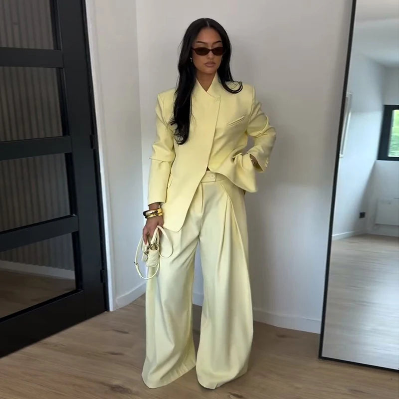 High Neck Single Button Cape Coat&Wide Leg Pants Two-Piece Set Three Quarter Sleeve Oversize 2026 Minimalist Women Casual Co-ord
