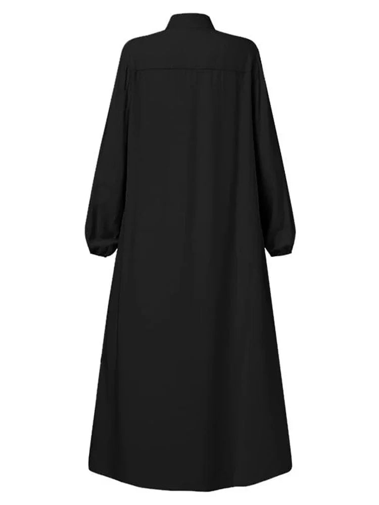 Muslim Black Dress with Small Stand-Up Collar and Zipper Pocket Design Elegant Loose and Casual Long-Sleeved Skirt