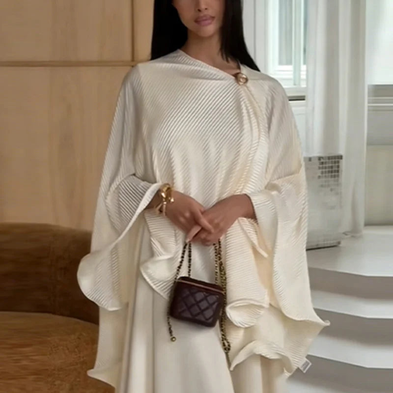 2026 New Old Money Modest 2-piece Abaya Set Elegant Pleated Cape Satin Maxi Dress 2026 New Trendy Women's Casual Dresses