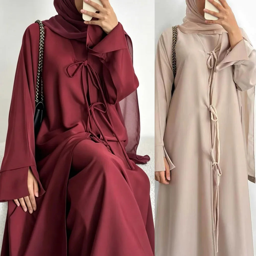 Modest Muslim Women Abaya Dress Set with Chiffon Shawl Scarf Hijab, Hijabi Dubai Islamic Clothing: Sleeveless Dress+Open Abaya