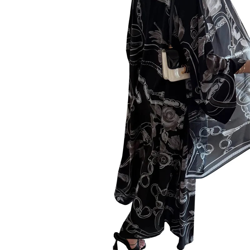 ExquisiteFloralPrint Abaya Elegant Printed TwoPiece Abaya Modest Muslim CapeCardigan Abaya Dubai Ethnic OpenFront Kaftan