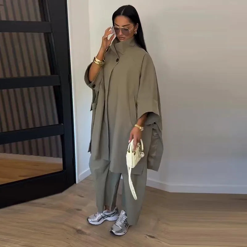 High Neck Single Button Cape Coat&Wide Leg Pants Two-Piece Set Three Quarter Sleeve Oversize 2026 Minimalist Women Casual Co-ord