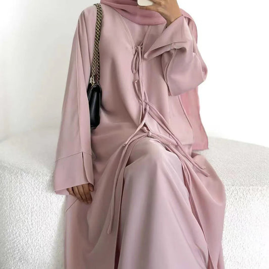 Modest Muslim Women Abaya Dress Set with Chiffon Shawl Scarf Hijab, Hijabi Dubai Islamic Clothing: Sleeveless Dress+Open Abaya