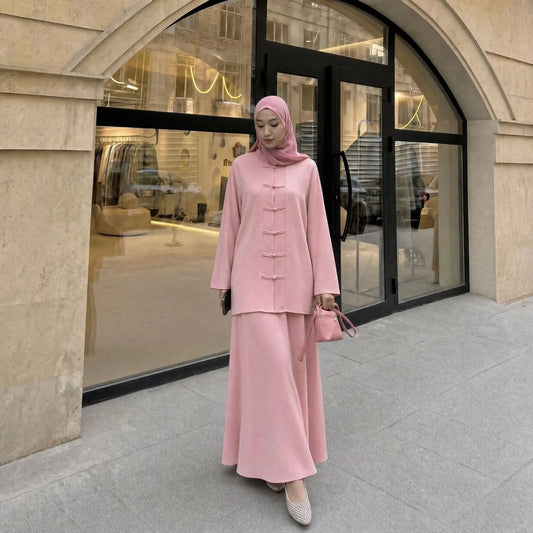 2pcs Single Breasted Top Shirt Skirts Suit Women Chinese Style Dubai Modest Abaya Full Sleeves Islam Casual Arabic Outfits