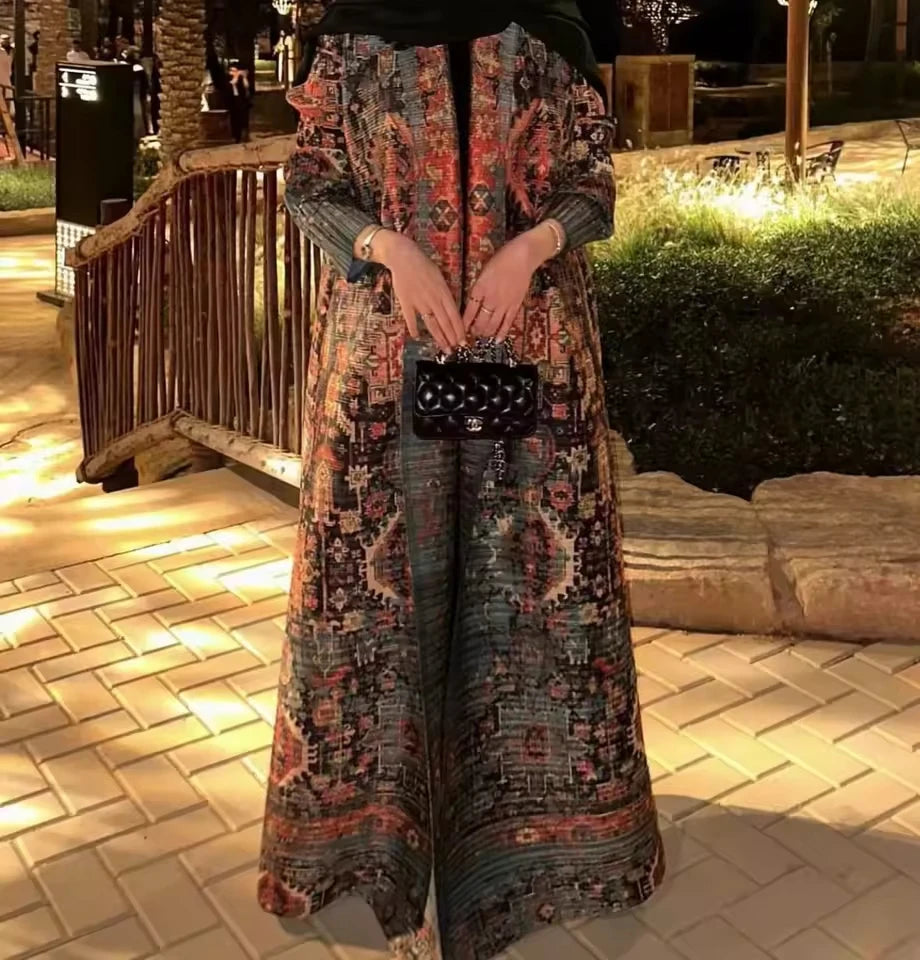 Fold Elegant Vintage Print Open Front  Miyake Abaya, Lightweight Flowy Loose Fit Women's Modest Fashion Long Kimono Cardigan