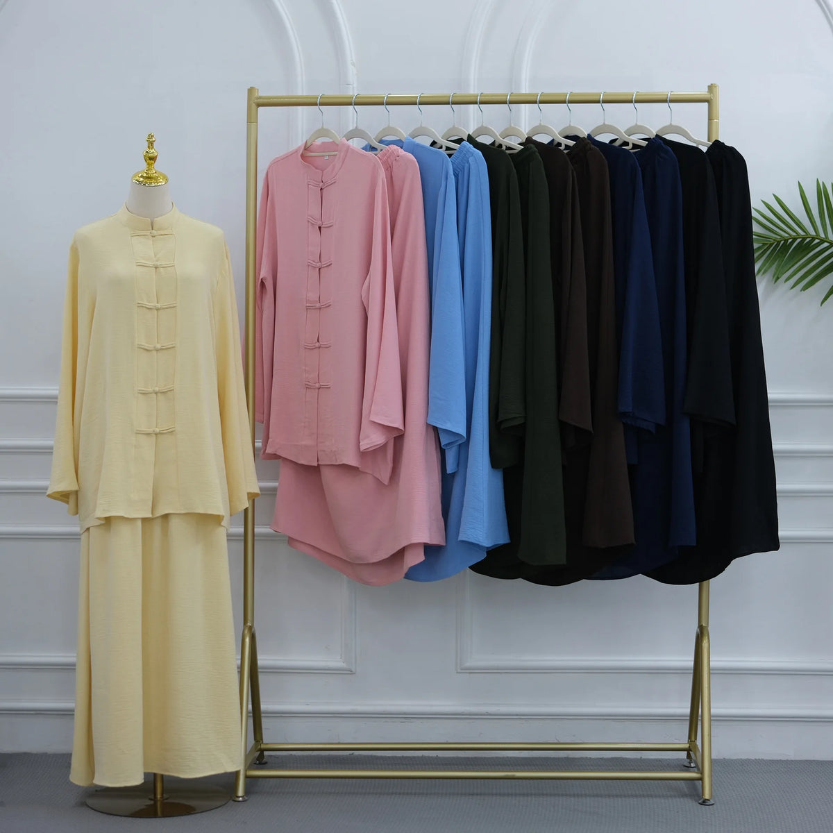 2pcs Single Breasted Top Shirt Skirts Suit Women Chinese Style Dubai Modest Abaya Full Sleeves Islam Casual Arabic Outfits
