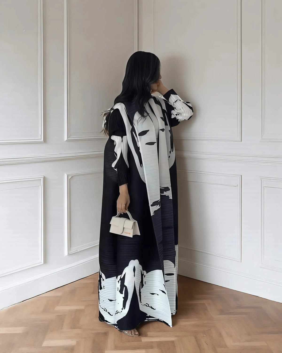 Fold Elegant Vintage Print Open Front  Miyake Abaya, Lightweight Flowy Loose Fit Women's Modest Fashion Long Kimono Cardigan