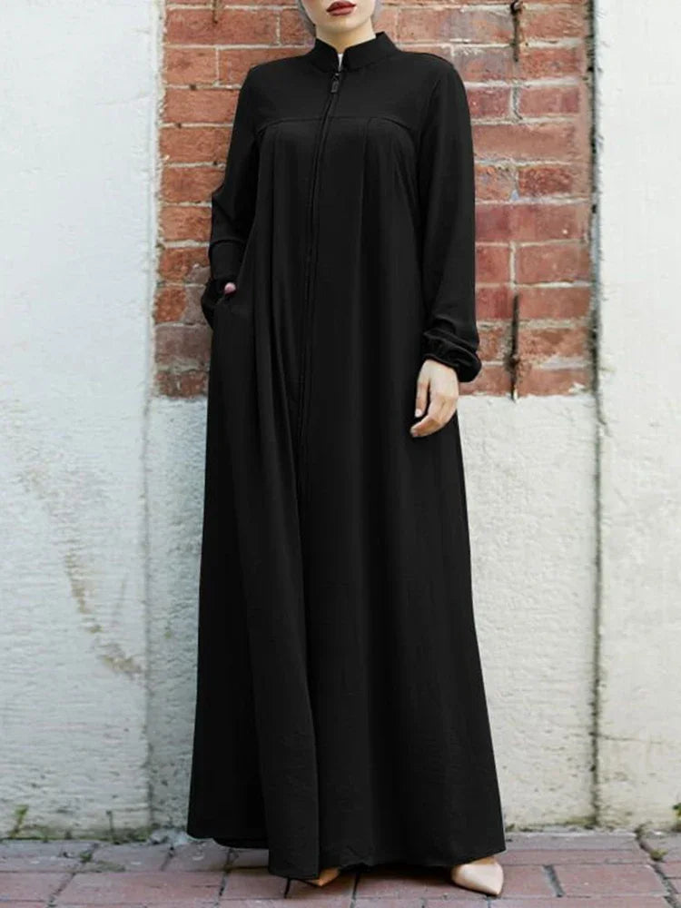 Muslim Black Dress with Small Stand-Up Collar and Zipper Pocket Design Elegant Loose and Casual Long-Sleeved Skirt