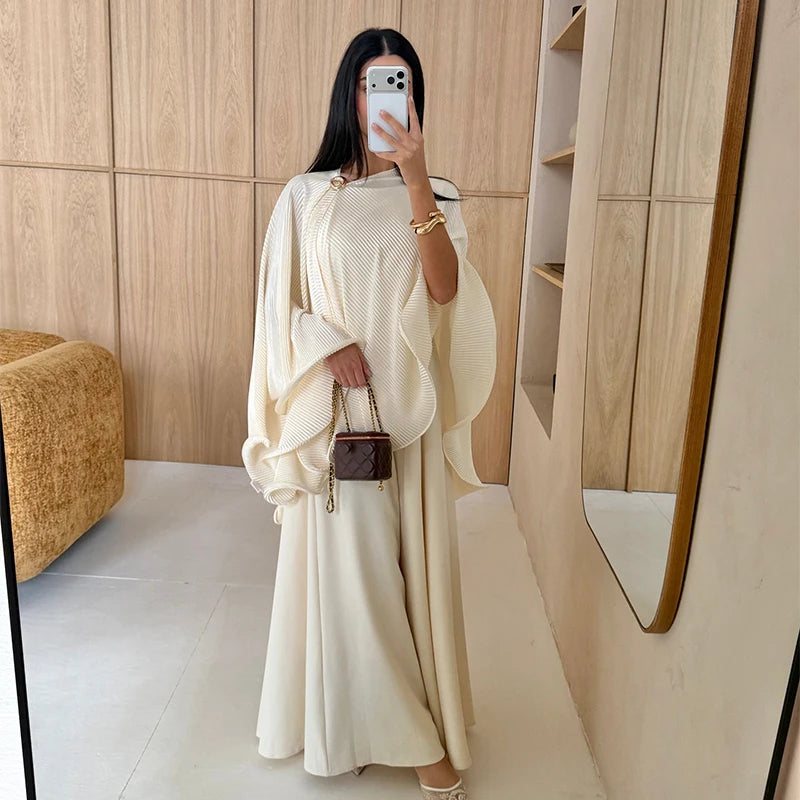 2026 New Old Money Modest 2-piece Abaya Set Elegant Pleated Cape Satin Maxi Dress 2026 New Trendy Women's Casual Dresses