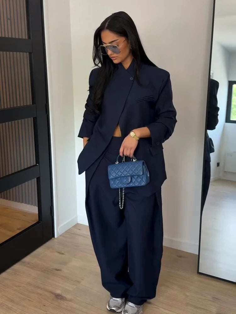 High Neck Single Button Cape Coat&Wide Leg Pants Two-Piece Set Three Quarter Sleeve Oversize 2026 Minimalist Women Casual Co-ord