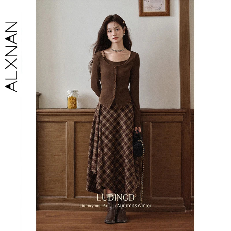 ALXNAN Plus Size Vintage Plaid Skirt Irregular Plaid Long A-line High Waist Skirts Elegant Casual Female Skirt D12727 D09272-1