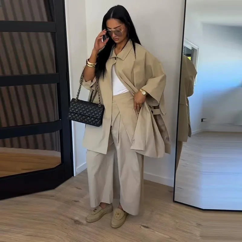 High Neck Single Button Cape Coat&Wide Leg Pants Two-Piece Set Three Quarter Sleeve Oversize 2026 Minimalist Women Casual Co-ord