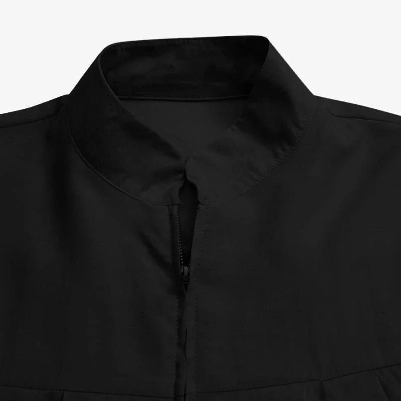 Muslim Black Dress with Small Stand-Up Collar and Zipper Pocket Design Elegant Loose and Casual Long-Sleeved Skirt