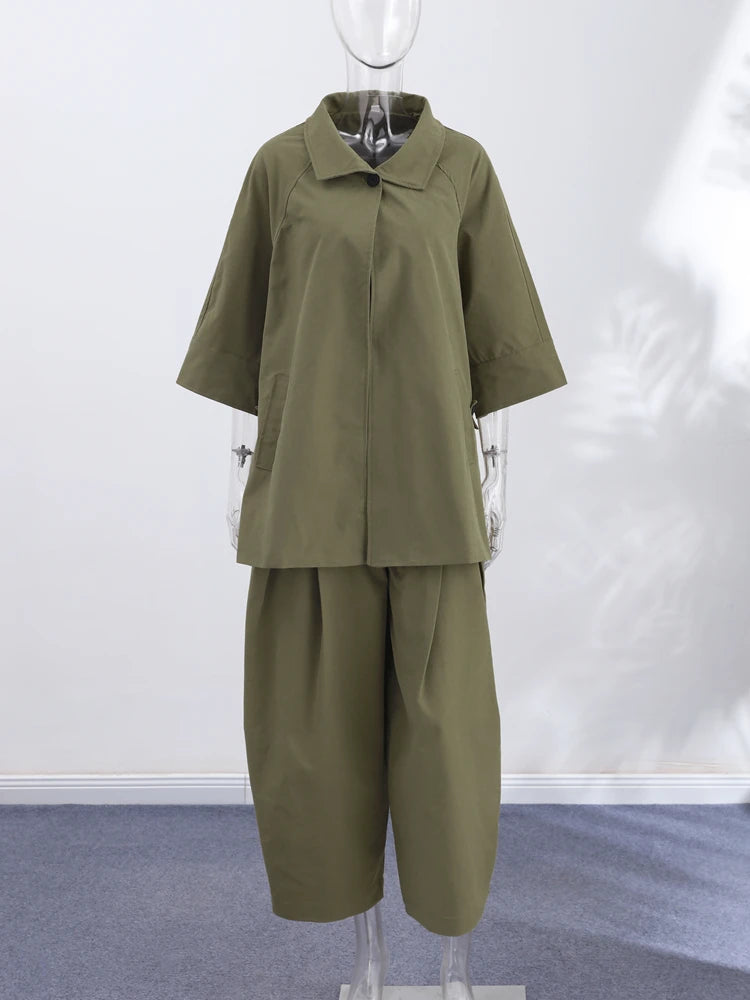 High Neck Single Button Cape Coat&Wide Leg Pants Two-Piece Set Three Quarter Sleeve Oversize 2026 Minimalist Women Casual Co-ord