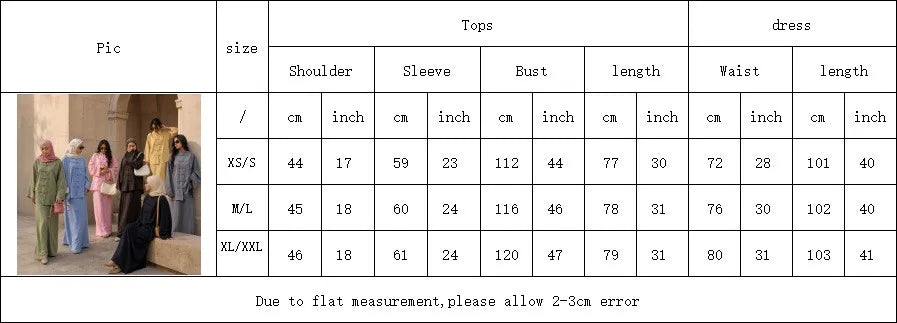 2pcs Single Breasted Top Shirt Skirts Suit Women Chinese Style Dubai Modest Abaya Full Sleeves Islam Casual Arabic Outfits