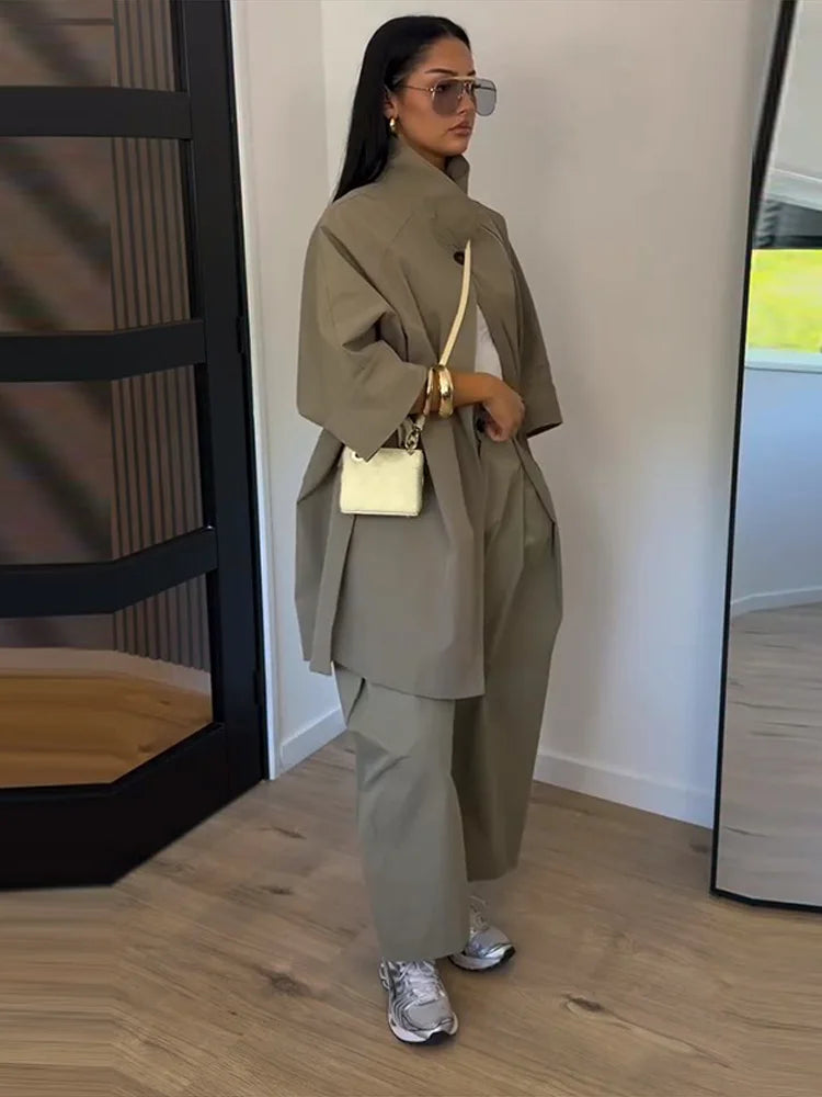 High Neck Single Button Cape Coat&Wide Leg Pants Two-Piece Set Three Quarter Sleeve Oversize 2026 Minimalist Women Casual Co-ord