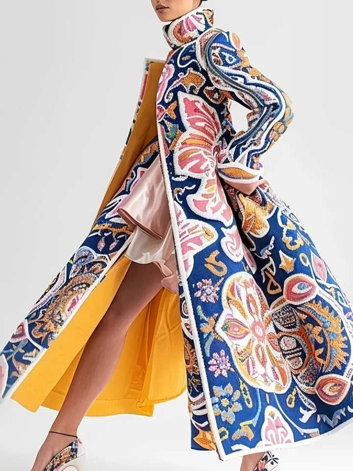 Luxury Boho Floral Jacquard Long Trench Coat Women Vintage Ethnic Embroidered Maxi Windbreaker Autumn Winter Aesthetic Overcoat