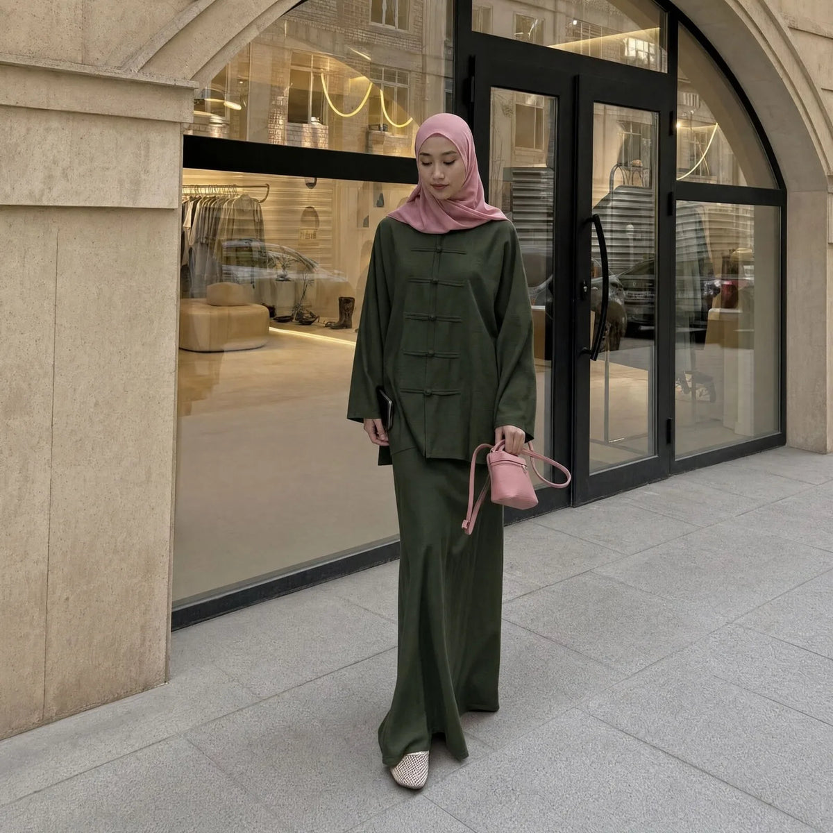 2pcs Single Breasted Top Shirt Skirts Suit Women Chinese Style Dubai Modest Abaya Full Sleeves Islam Casual Arabic Outfits
