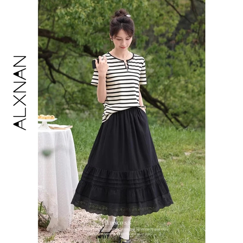 ALXNAN Plus Size Vintage Plaid Skirt Irregular Plaid Long A-line High Waist Skirts Elegant Casual Female Skirt D12727 D09272-1