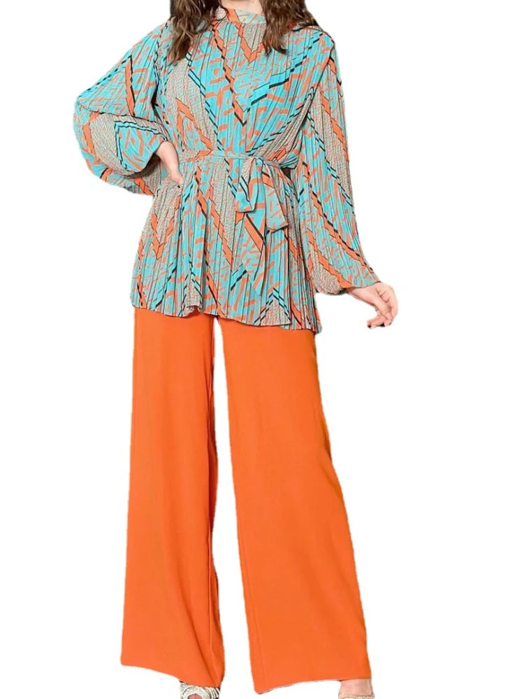 Casual Dubai Eid Women Muslim Two Piece Sets Long Sleeve Tops+loose Pants Set Ladies Musulman Ensembles Maxi Suits 2024