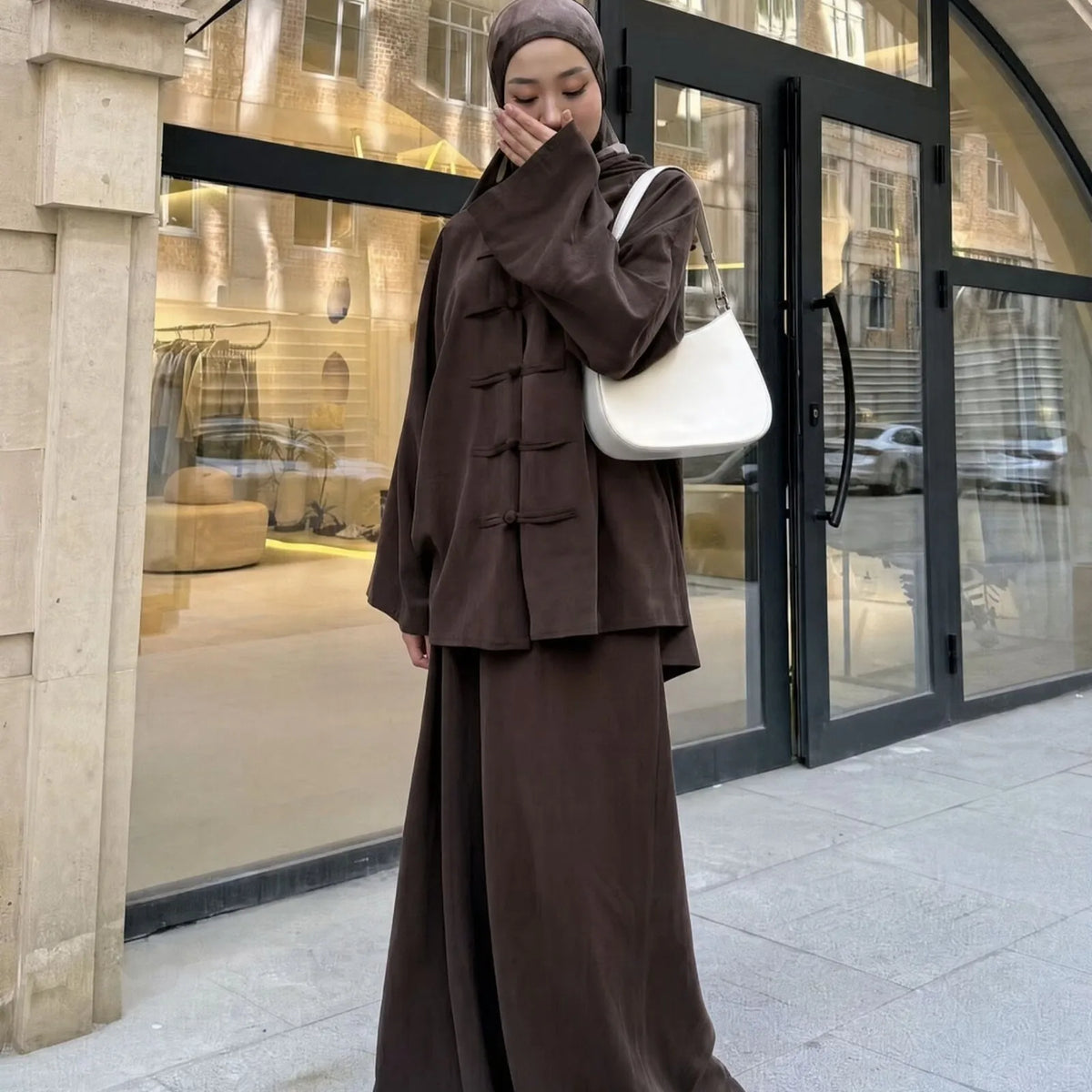 2pcs Single Breasted Top Shirt Skirts Suit Women Chinese Style Dubai Modest Abaya Full Sleeves Islam Casual Arabic Outfits