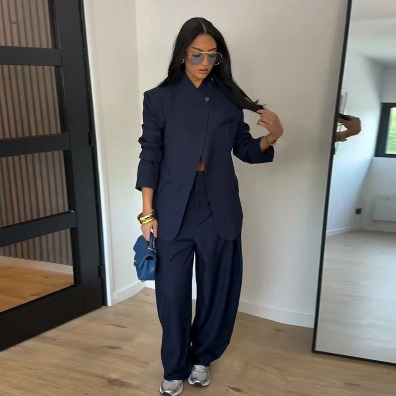 High Neck Single Button Cape Coat&Wide Leg Pants Two-Piece Set Three Quarter Sleeve Oversize 2026 Minimalist Women Casual Co-ord