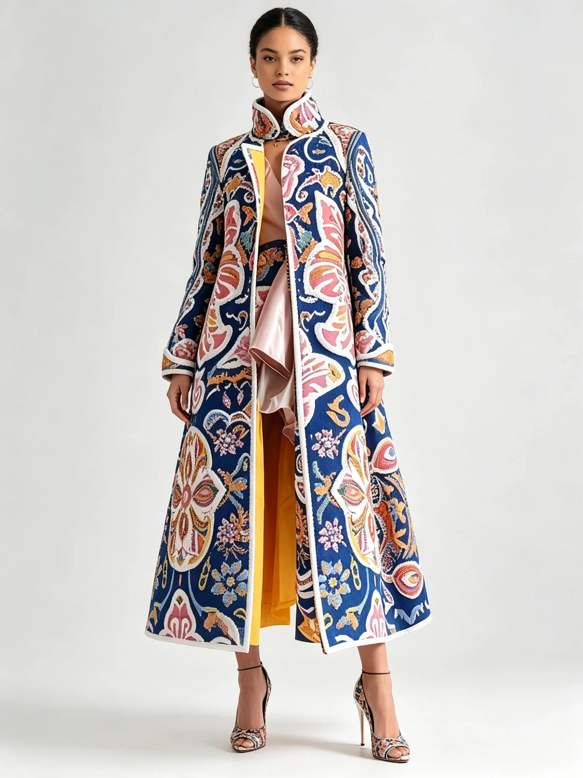 Luxury Boho Floral Jacquard Long Trench Coat Women Vintage Ethnic Embroidered Maxi Windbreaker Autumn Winter Aesthetic Overcoat