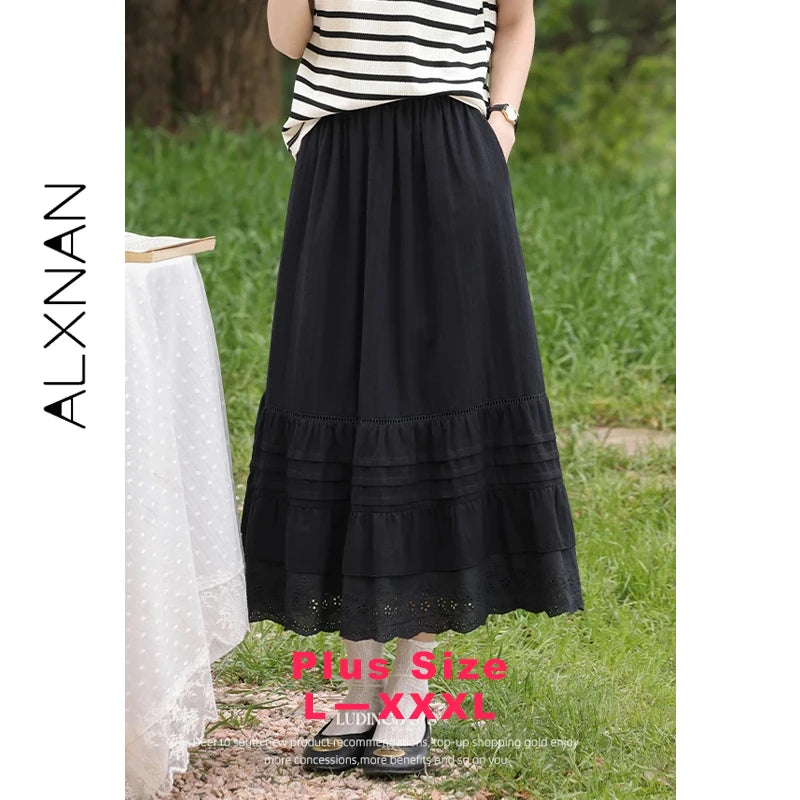 ALXNAN Plus Size Vintage Plaid Skirt Irregular Plaid Long A-line High Waist Skirts Elegant Casual Female Skirt D12727 D09272-1