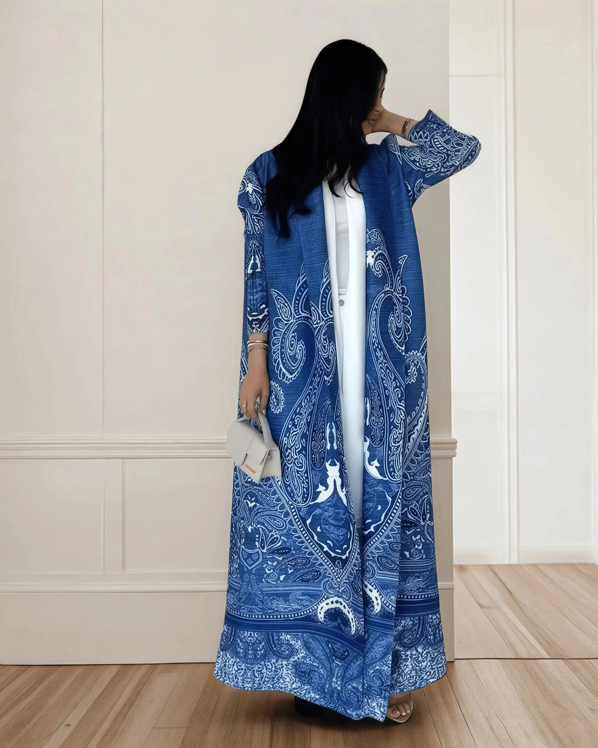 Fold Elegant Vintage Print Open Front  Miyake Abaya, Lightweight Flowy Loose Fit Women's Modest Fashion Long Kimono Cardigan